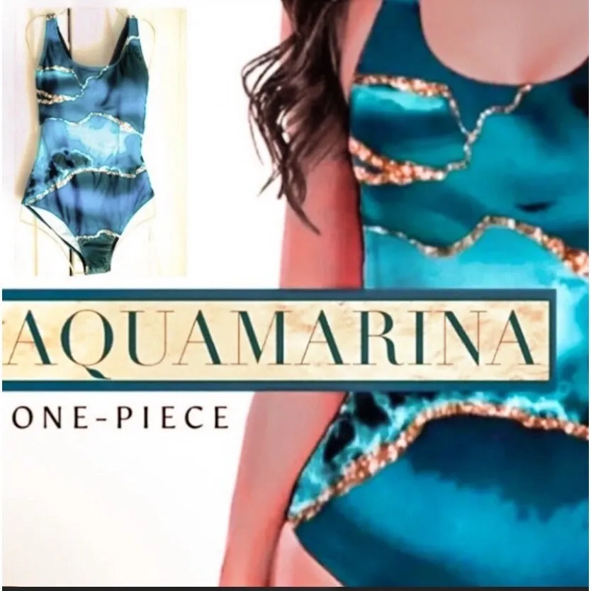 Aquamarina SWIMSUIT 2 or 1 piece XS-2XL sea blue aqua turquoise aquamarine geode swirls   ombré beach cover-up skirt gift women swim modest