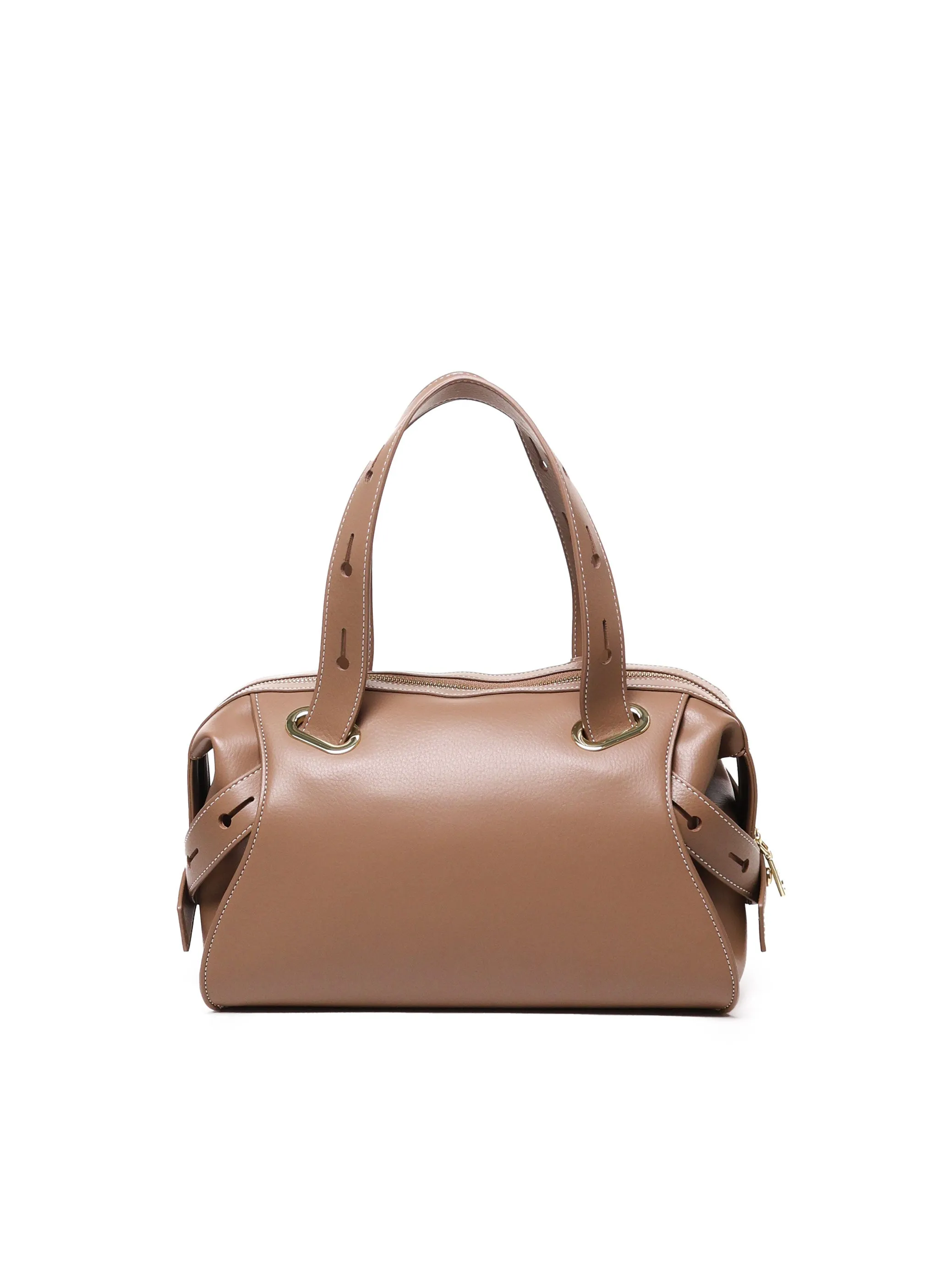 Beige Leather Zip Closure Bag