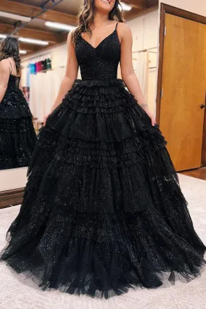 Black A-line Straps Prom Dress Sparkly Tulle Evening Gown