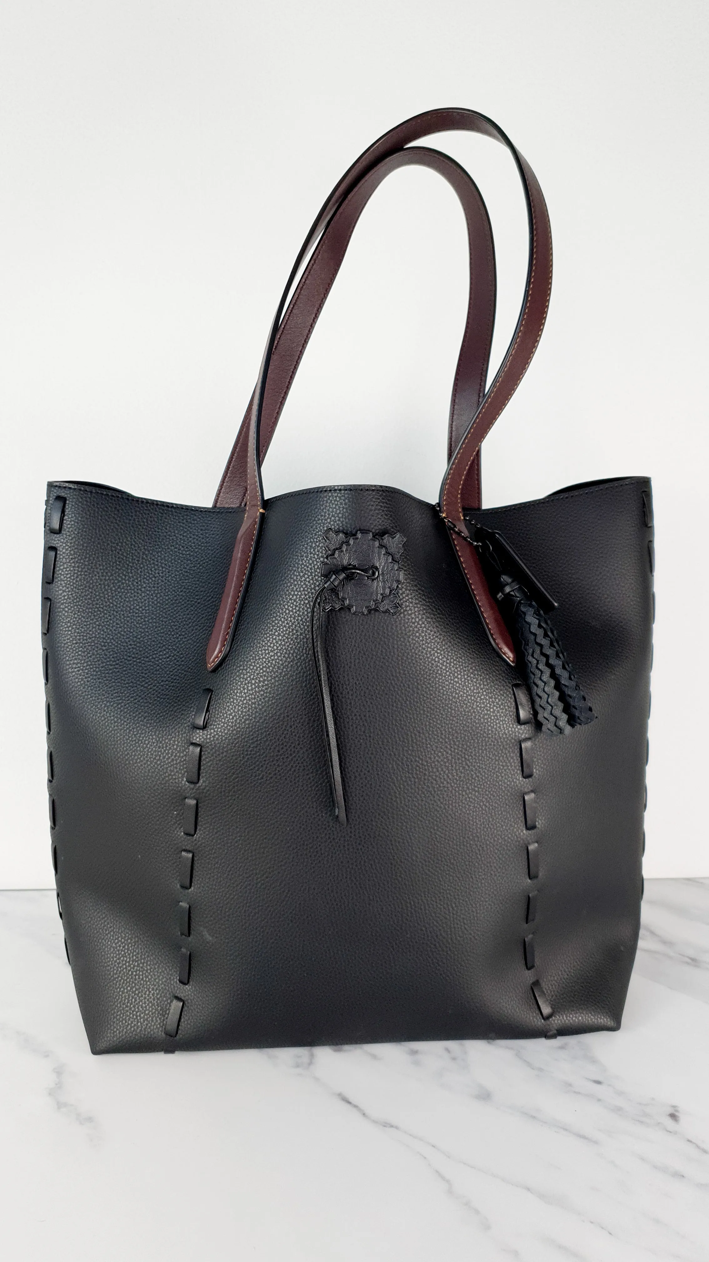 Coach Tote 34 in Black and Brown Leather with Whipstitch & Tassle Detail - Bag Handbag Coach 37084