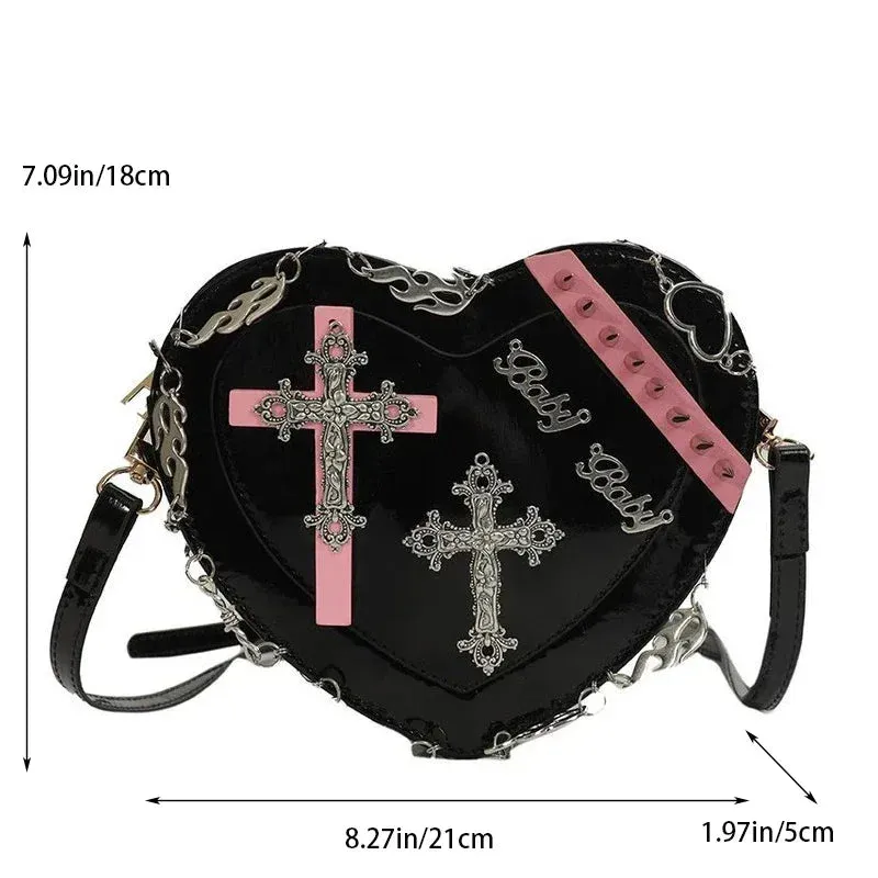 Heart-Shaped Shoulder Crossbody Gothic Metal Decoration Leather Punk Bag