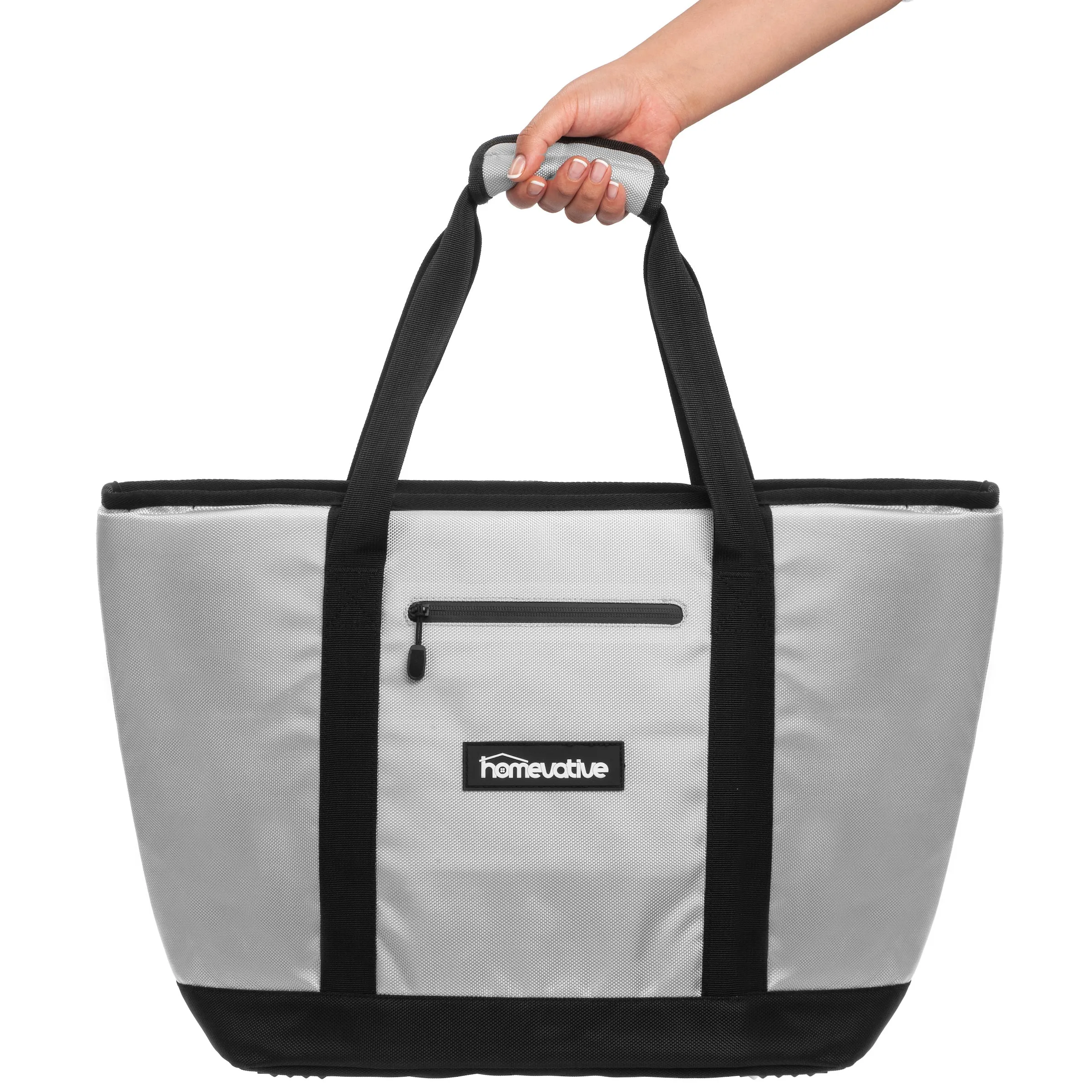 Insulated Cooler Tote, Grey, Aqua Zippers and Leakproof Liner