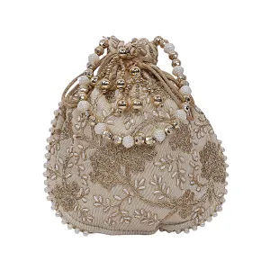 Kuber Industries Silk Embroidered Women Potli Bag (Cream),CTKTLUG960