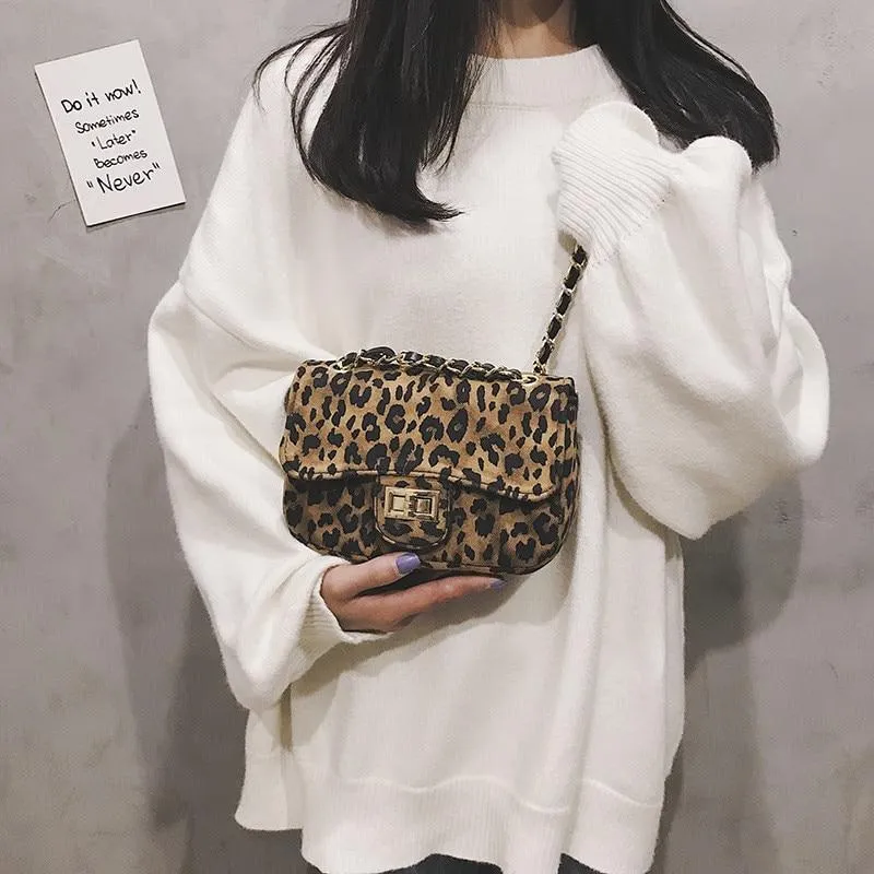 Luxury Elegant Women's Mini Square Leather Shoulder Bags With Leopard Print