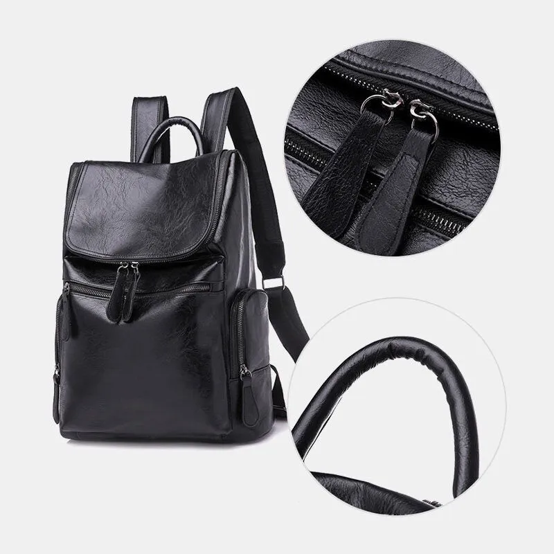 Men PU Leather Lightweight Waterproof Multi-pocket Backpack Retro 14 Inch Laptop Bag Shoulder Student