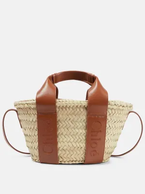 Mini raffia and leather tote bag