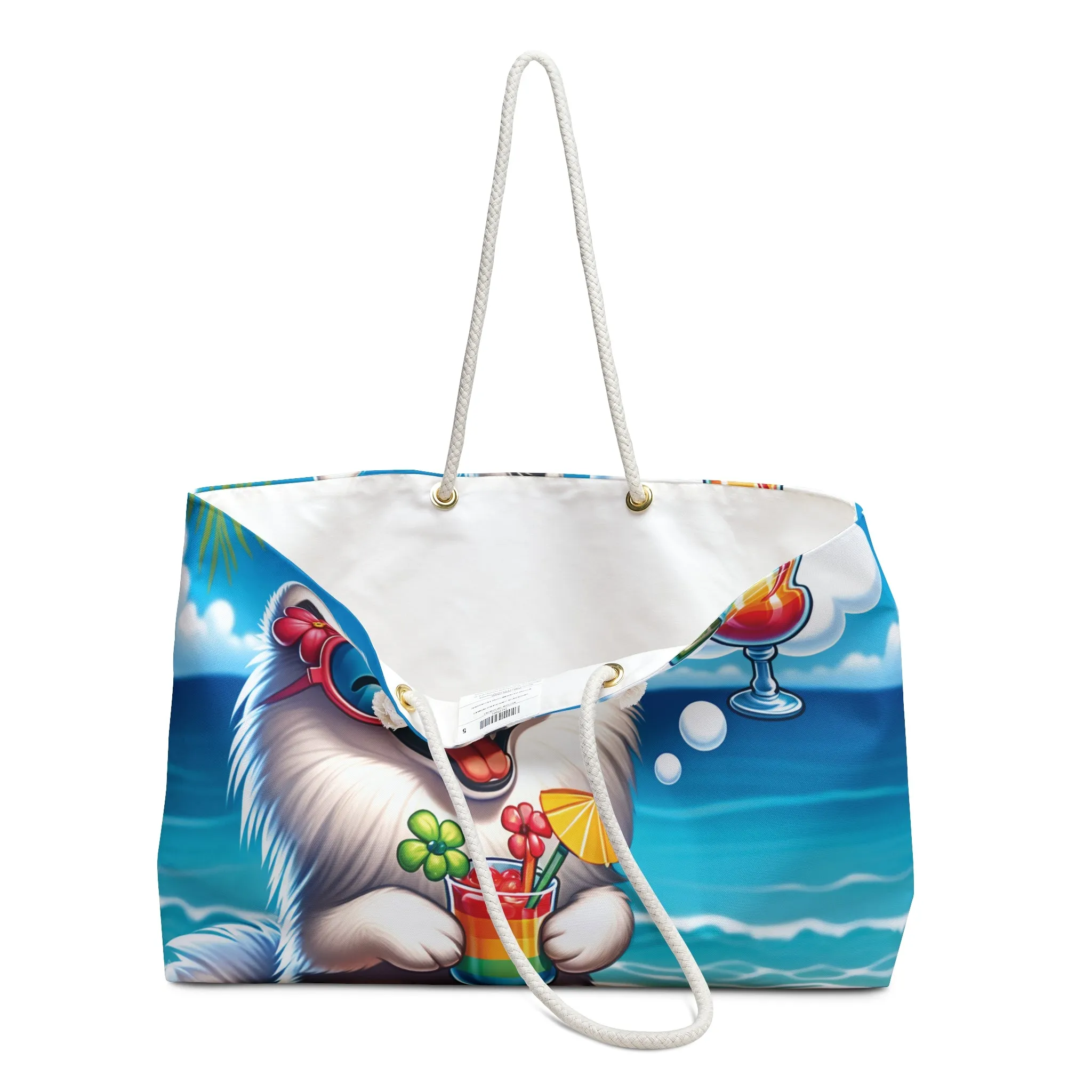 Personalised/Non-Personalised Weekender Bag, Summer Beach Dog, American Eskimo, Large Weekender Bag, Beach Bag, Book Bag