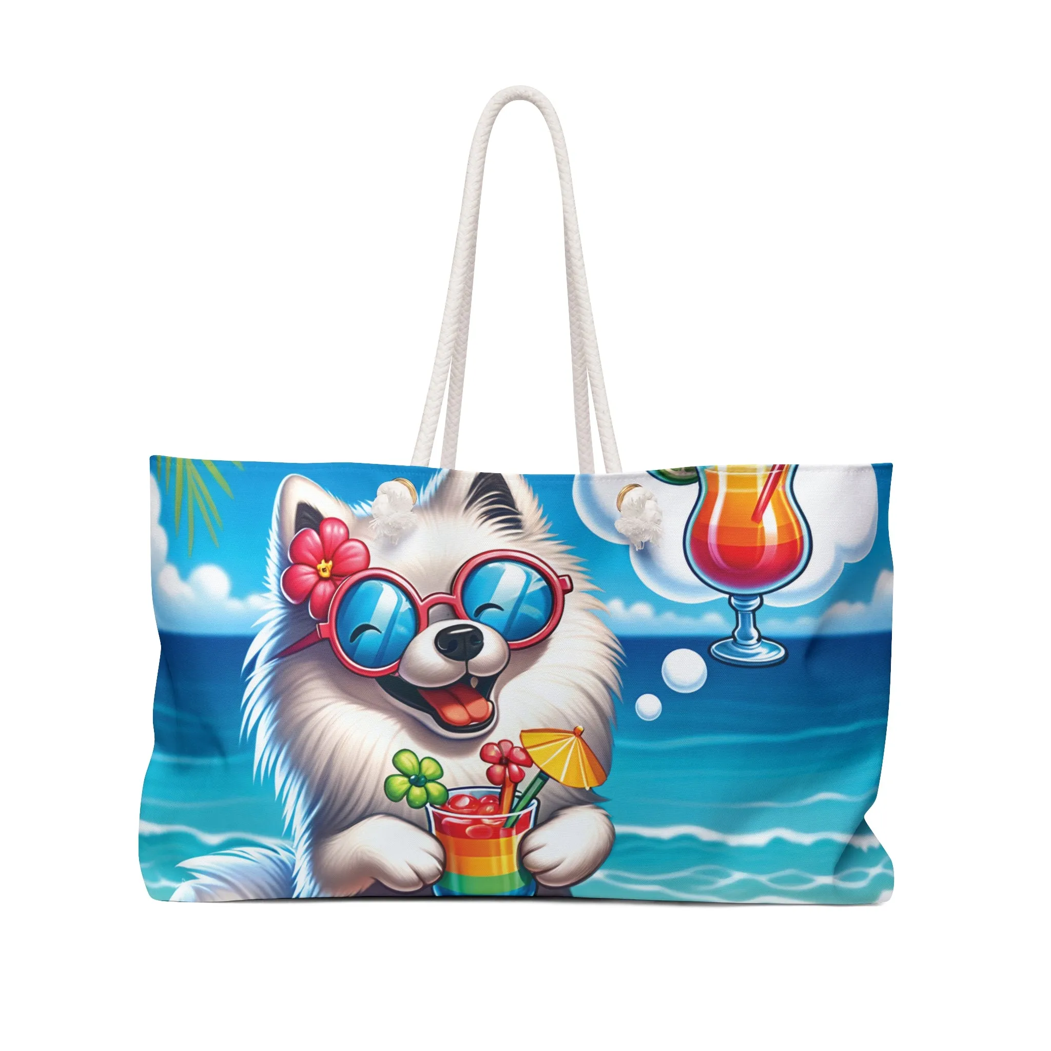 Personalised/Non-Personalised Weekender Bag, Summer Beach Dog, American Eskimo, Large Weekender Bag, Beach Bag, Book Bag