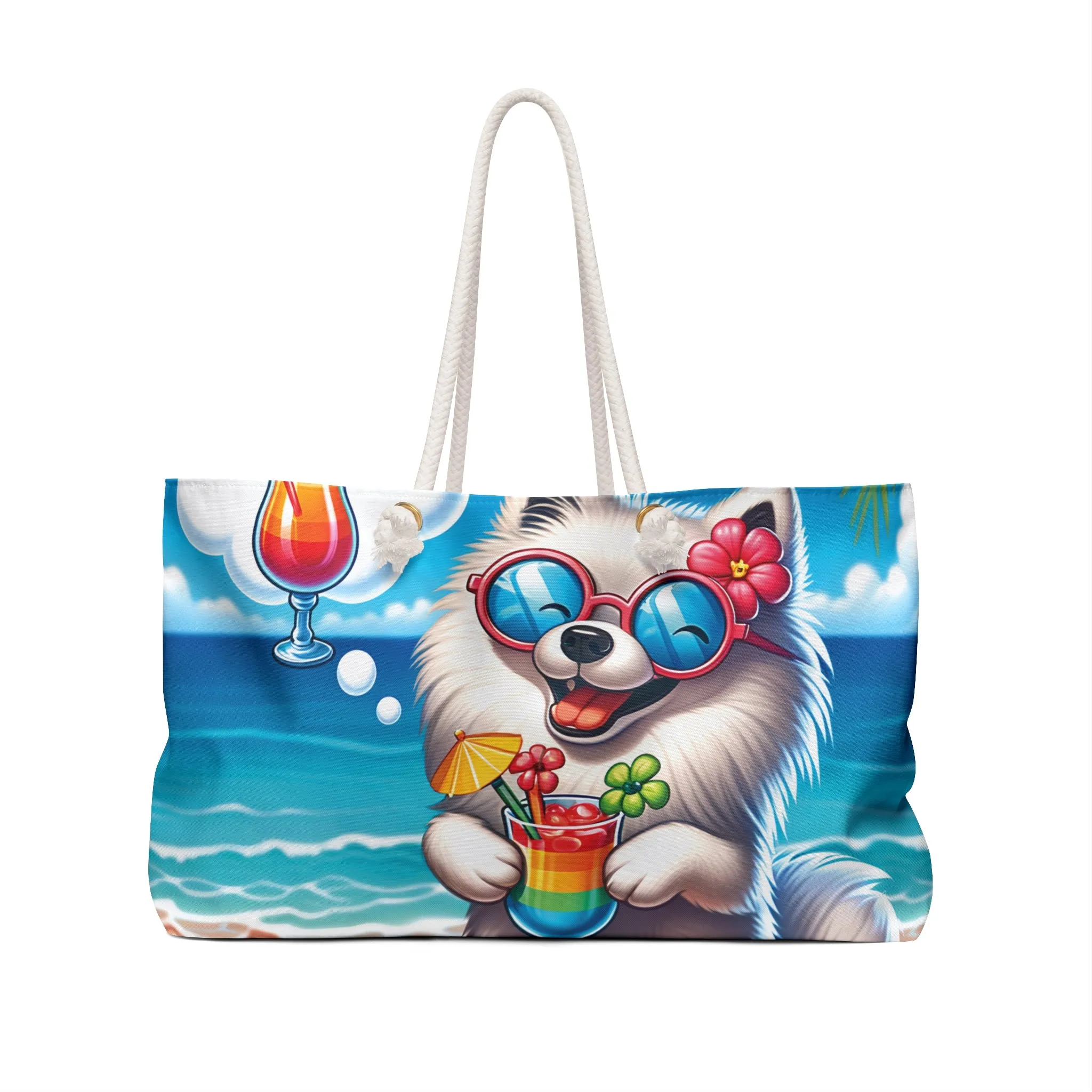 Personalised/Non-Personalised Weekender Bag, Summer Beach Dog, American Eskimo, Large Weekender Bag, Beach Bag, Book Bag