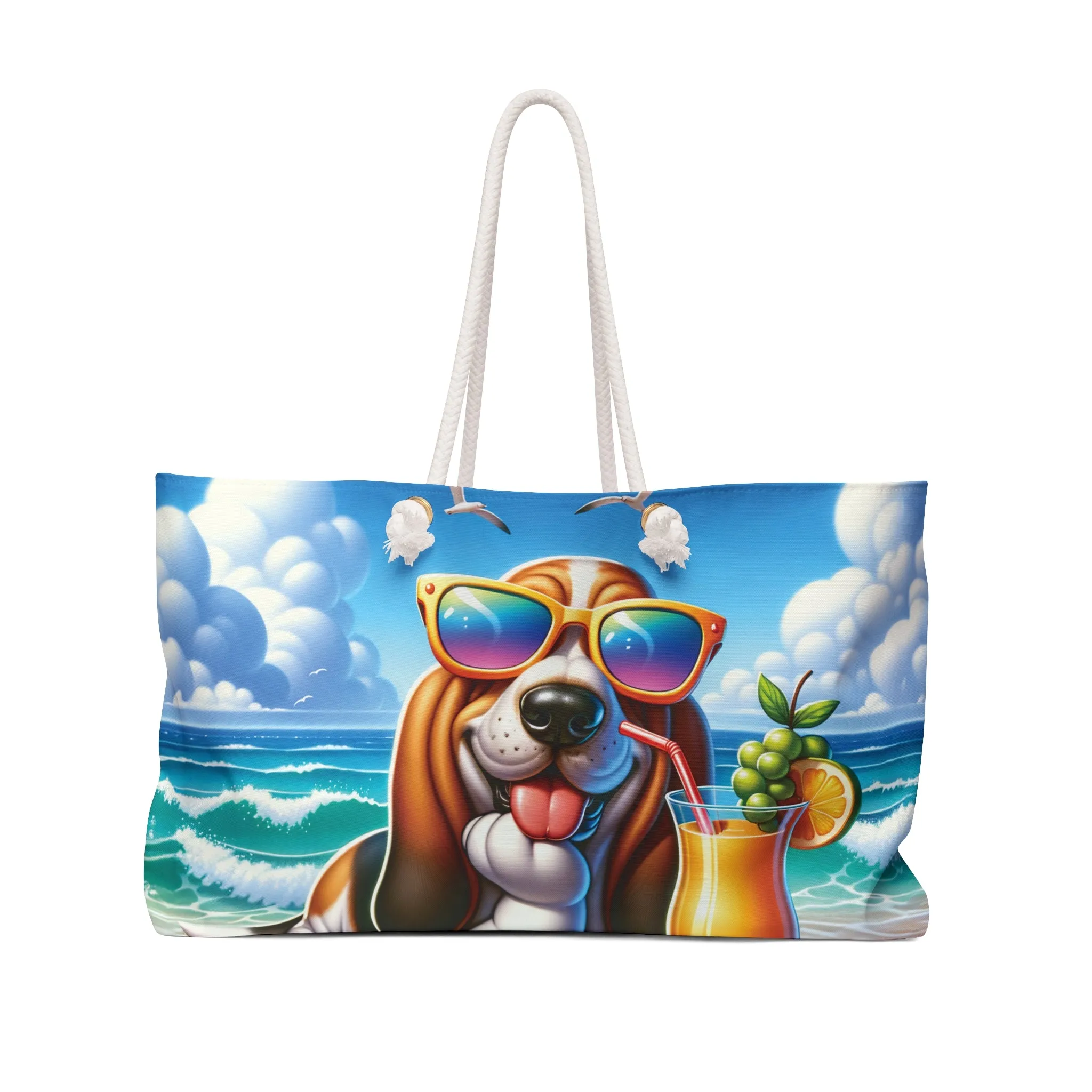 Personalised/Non-Personalised Weekender Bag, Summer Beach Dog, Bassett Hound, Large Weekender Bag, Beach Bag, Book Bag