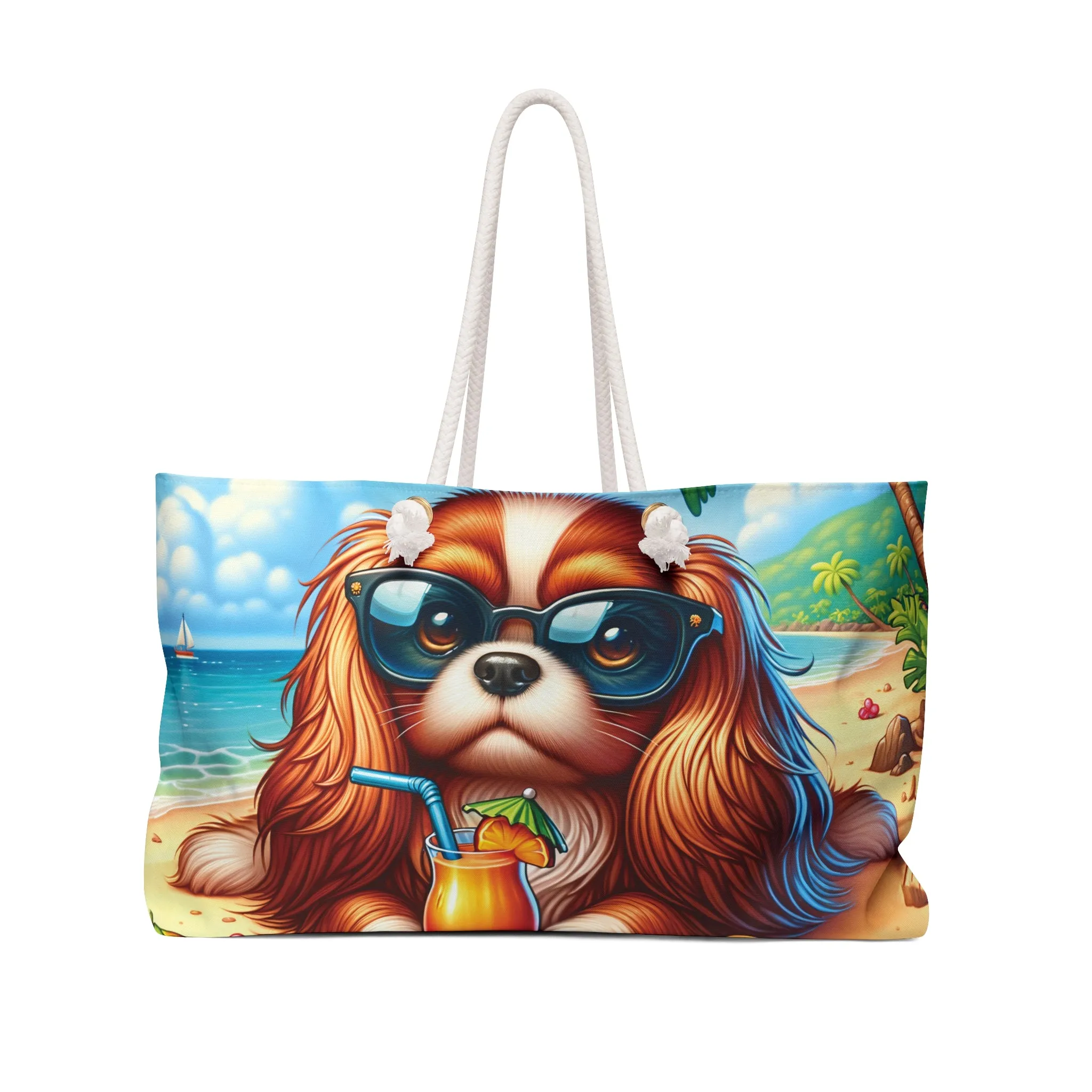 Personalised/Non-Personalised Weekender Bag, Summer Beach Dog, Cavalier King Charles, Large Weekender Bag, Beach Bag, Book Bag