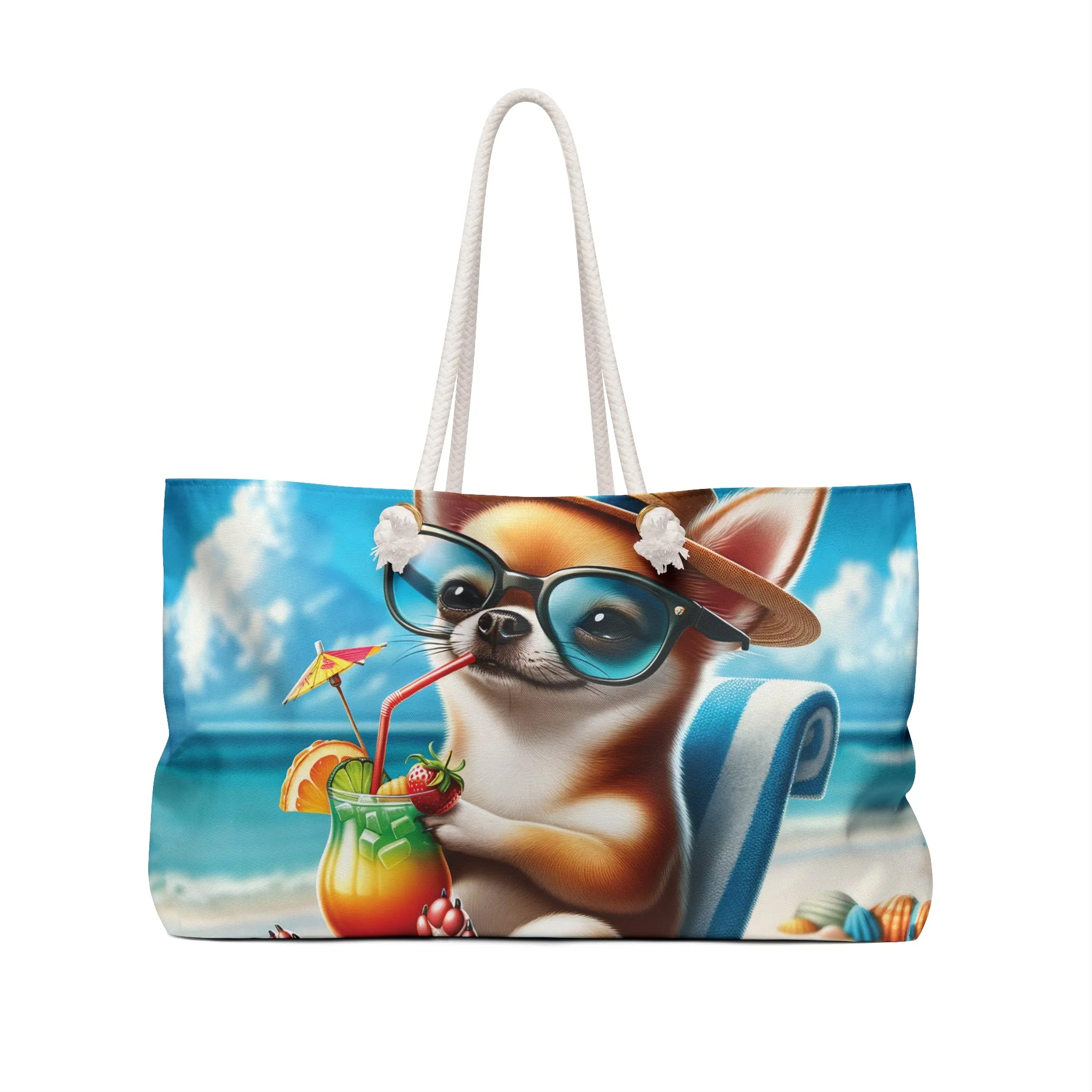 Personalised/Non-Personalised Weekender Bag, Summer Beach Dog, Chihuahua, Large Weekender Bag, Beach Bag, Book Bag