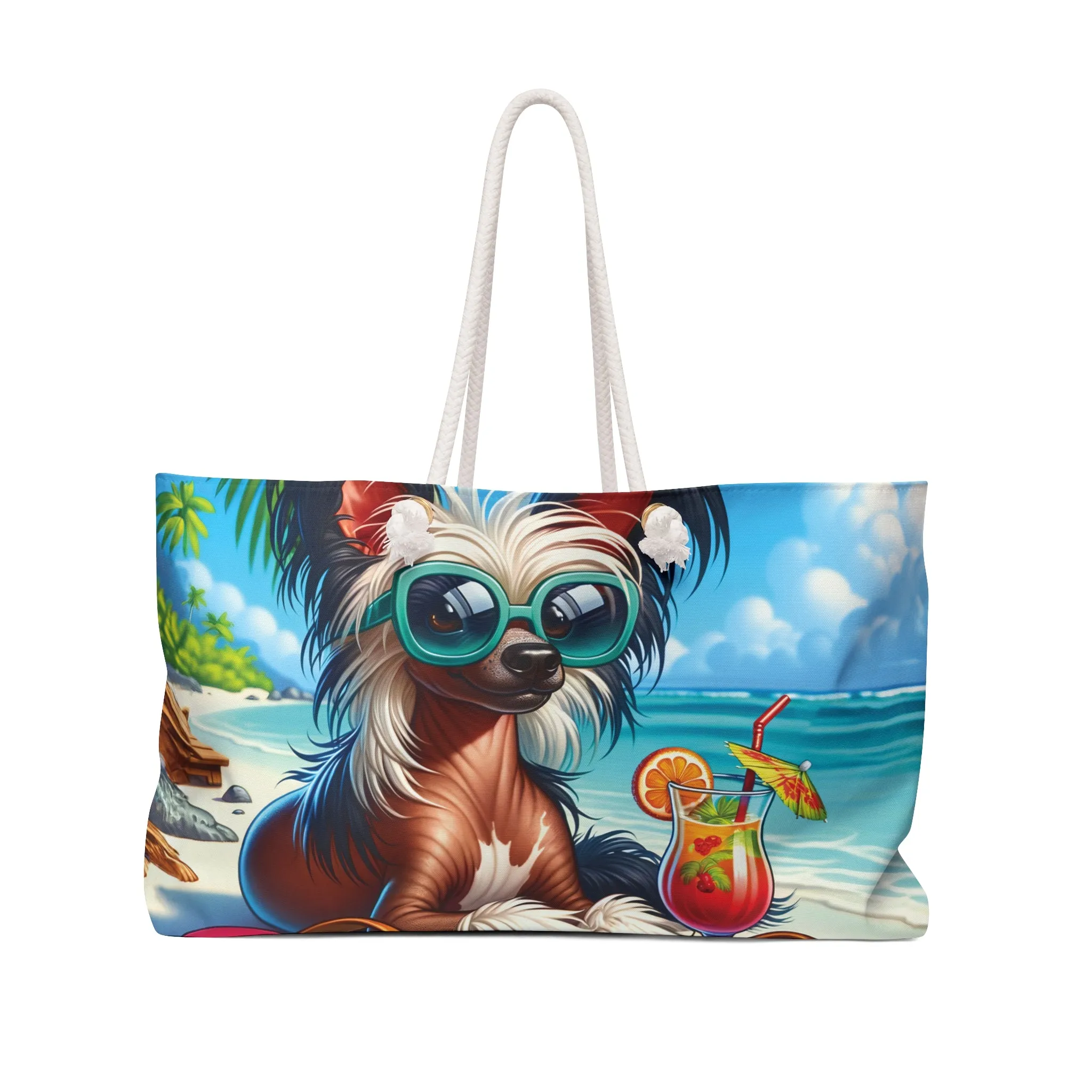 Personalised/Non-Personalised Weekender Bag, Summer Beach Dog, Chinese Crested, Large Weekender Bag, Beach Bag, Book Bag