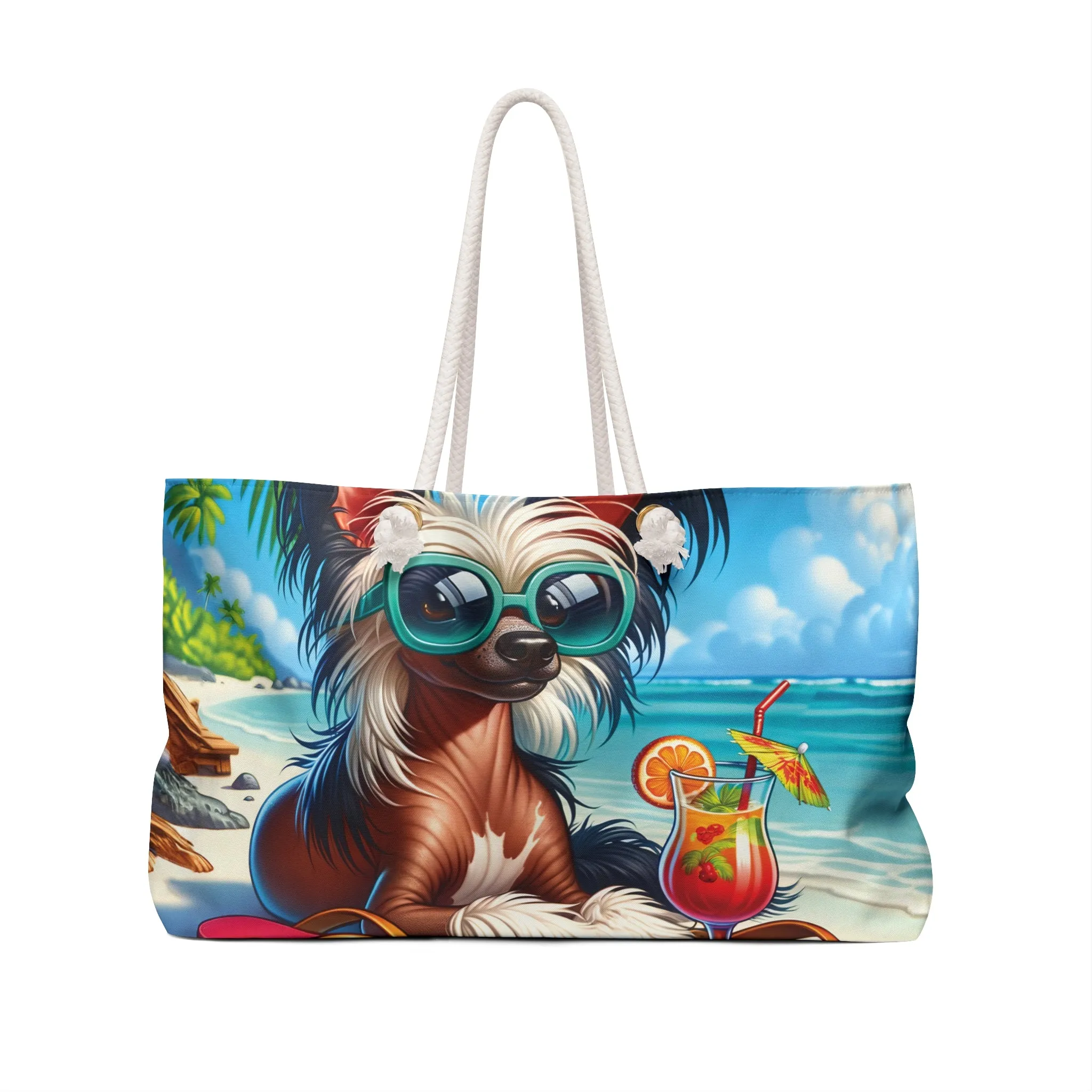 Personalised/Non-Personalised Weekender Bag, Summer Beach Dog, Chinese Crested, Large Weekender Bag, Beach Bag, Book Bag