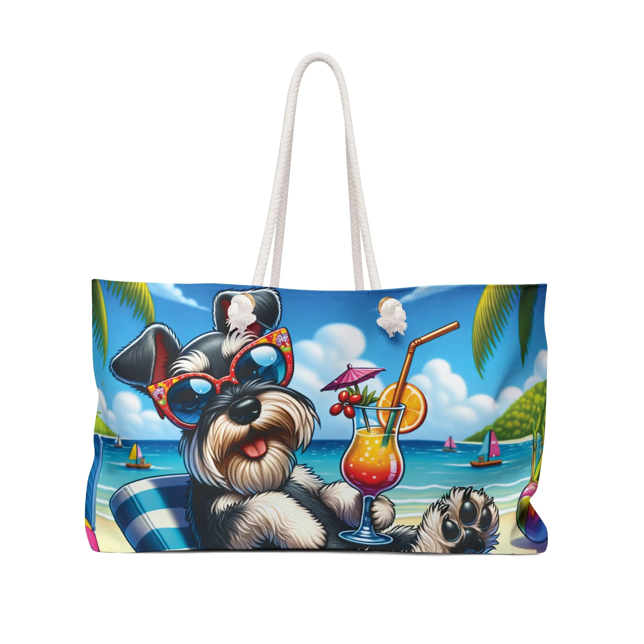 Personalised/Non-Personalised Weekender Bag, Summer Beach Dog, Miniature Schnauzer, Large Weekender Bag, Beach Bag, Book Bag