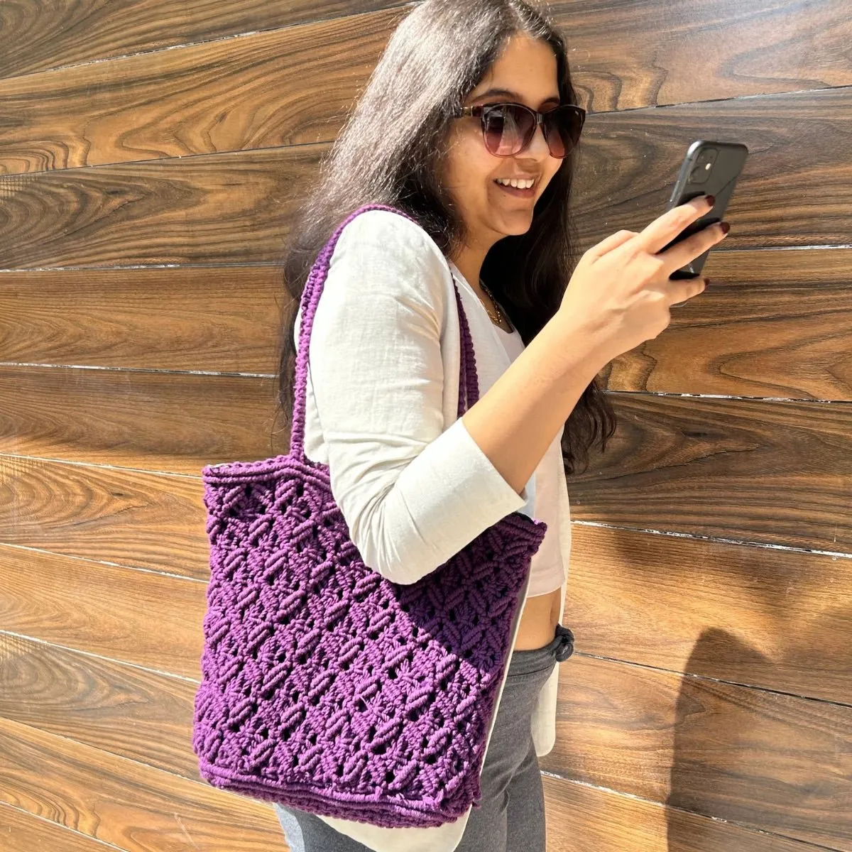 Purple Macrame Tote Bag