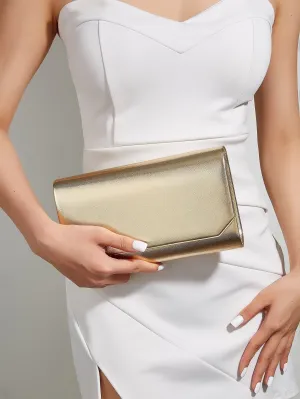 SHEIN Fashionable Metal Gold Color Pu Leather Envelope Clutch Bag With Fine Cross Textured Design For Women, Come With Chain