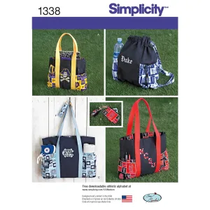 Simplicity Pattern 1338 OS Tote Bags in Three Sizes, Backpack and Coin Purse