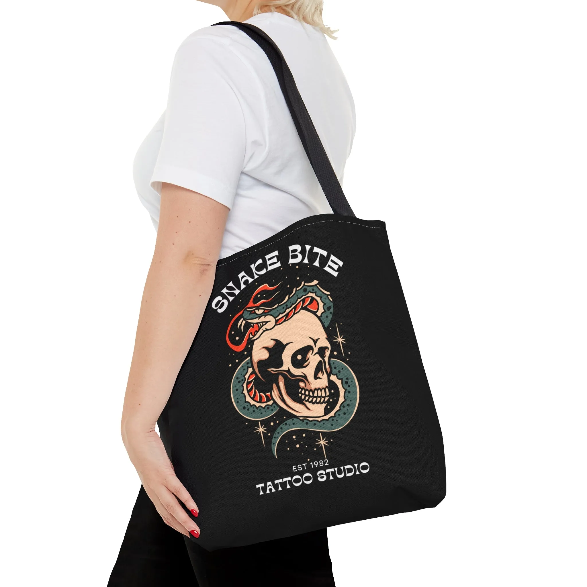 Snake Bite Tattoo Studio Black Tote Bag