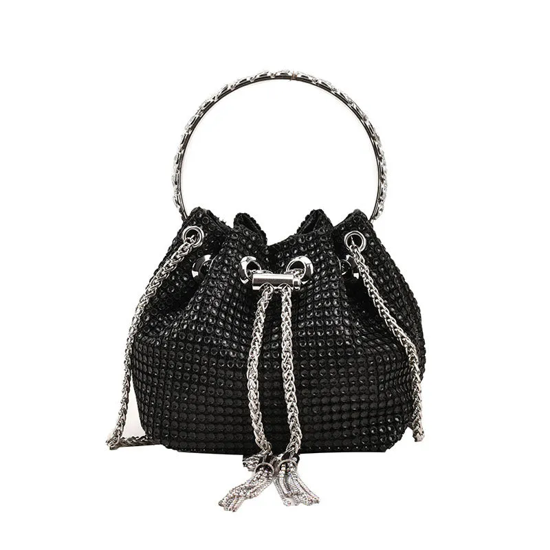 Sohiwoo Women's Allover Rhinestone Decor Bucket Drawstring Handbag Chain Shoulder Bag