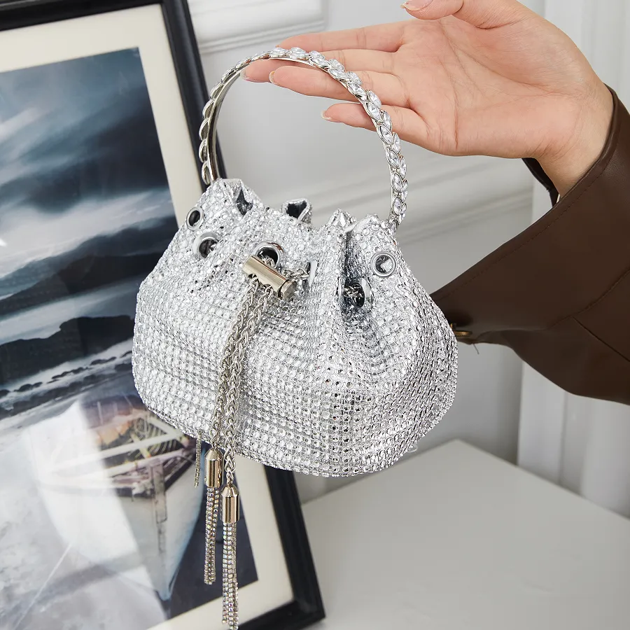 Sohiwoo Women's Allover Rhinestone Decor Bucket Drawstring Handbag Chain Shoulder Bag