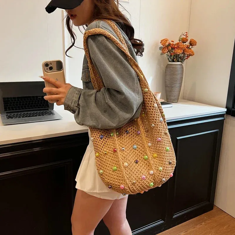 Sohiwoo Woven Beaded Casual Women's Shoulder Bag 2024 New Fashionable and Versatile Large Capacity Tote Bag Shopping Handbag