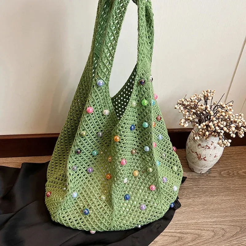 Sohiwoo Woven Beaded Casual Women's Shoulder Bag 2024 New Fashionable and Versatile Large Capacity Tote Bag Shopping Handbag