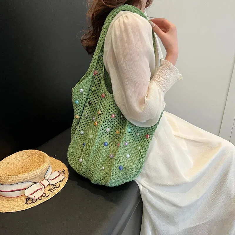 Sohiwoo Woven Beaded Casual Women's Shoulder Bag 2024 New Fashionable and Versatile Large Capacity Tote Bag Shopping Handbag