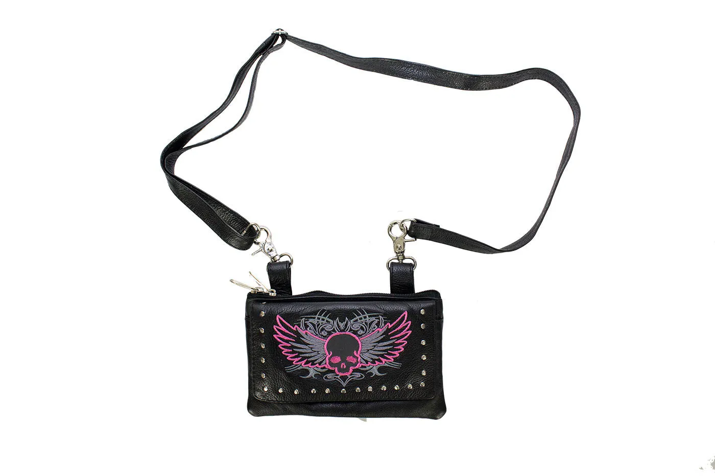 Studded Naked Cowhide Leather Hot Pink Skull Belt Bag