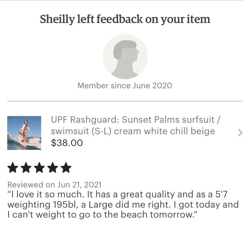 UPF Rashguard: Sunset Palms surfsuit / swimsuit (S-L) cream white chill beige sun-kissed khaki beach pool surf swim women feminine modest