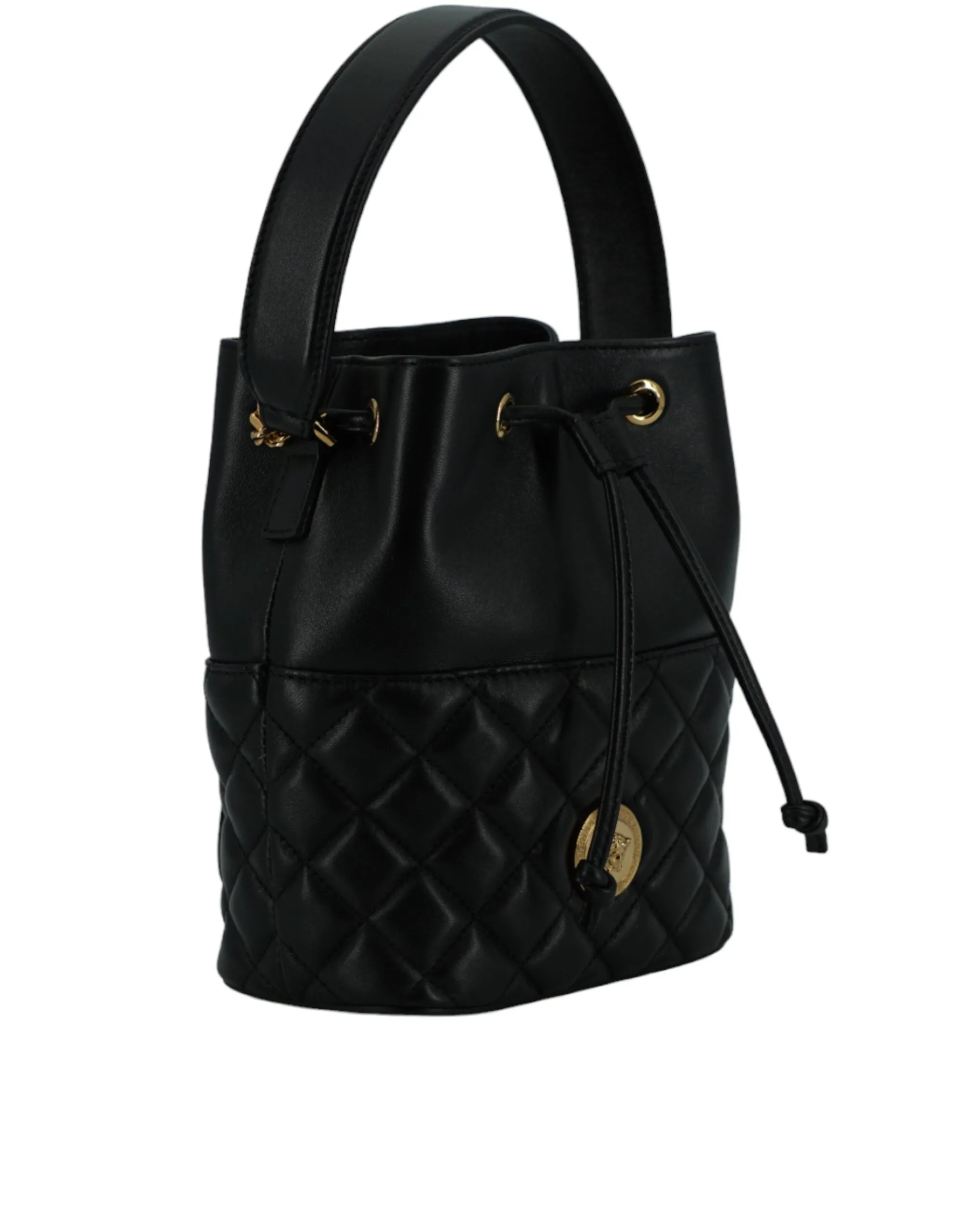 Versace Elegant Black Leather Bucket Shoulder Bag