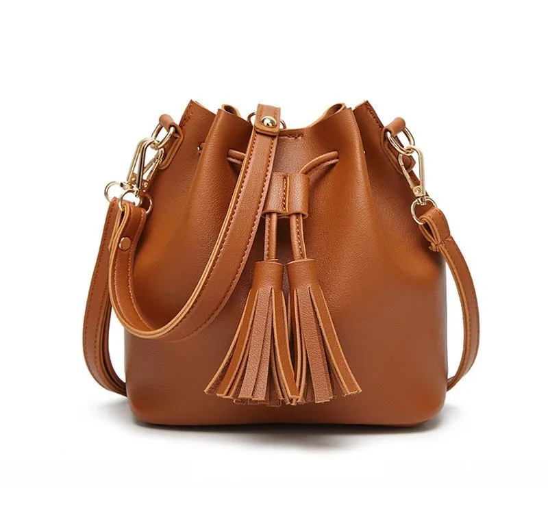 Vintage Fashion Leather Bucket Bag Handbag Tassel Drawstring Shoulder Bag