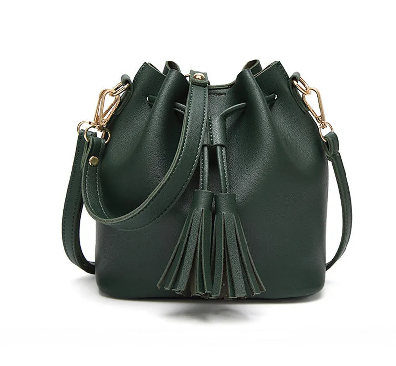 Vintage Fashion Leather Bucket Bag Handbag Tassel Drawstring Shoulder Bag