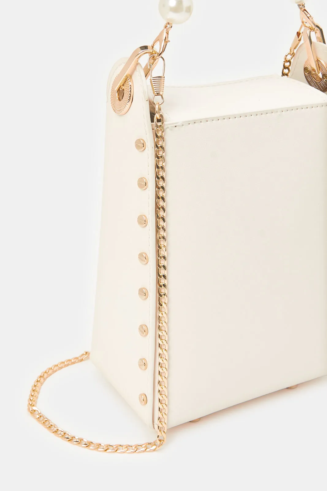 Women Beige With Pearl Handle Evening Clutch