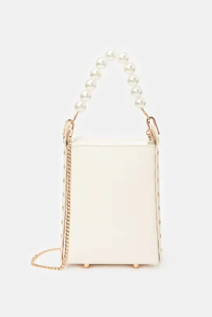 Women Beige With Pearl Handle Evening Clutch